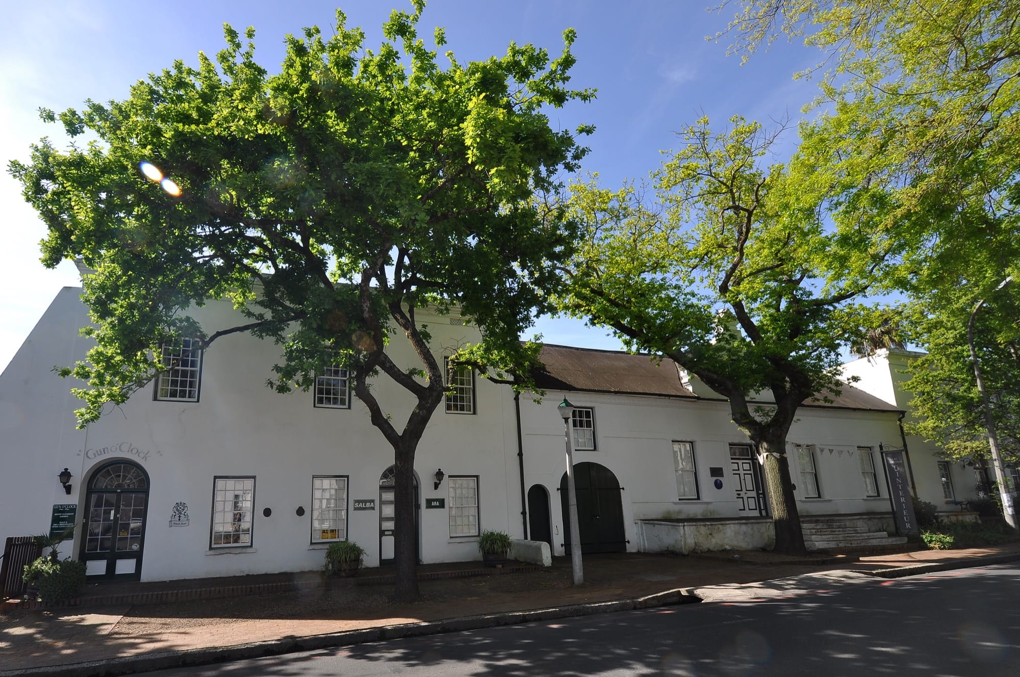 Whitewashed Cape Dutch buildings under old oak trees on Dorp Street in Stellenbosch, with a quiet road in front