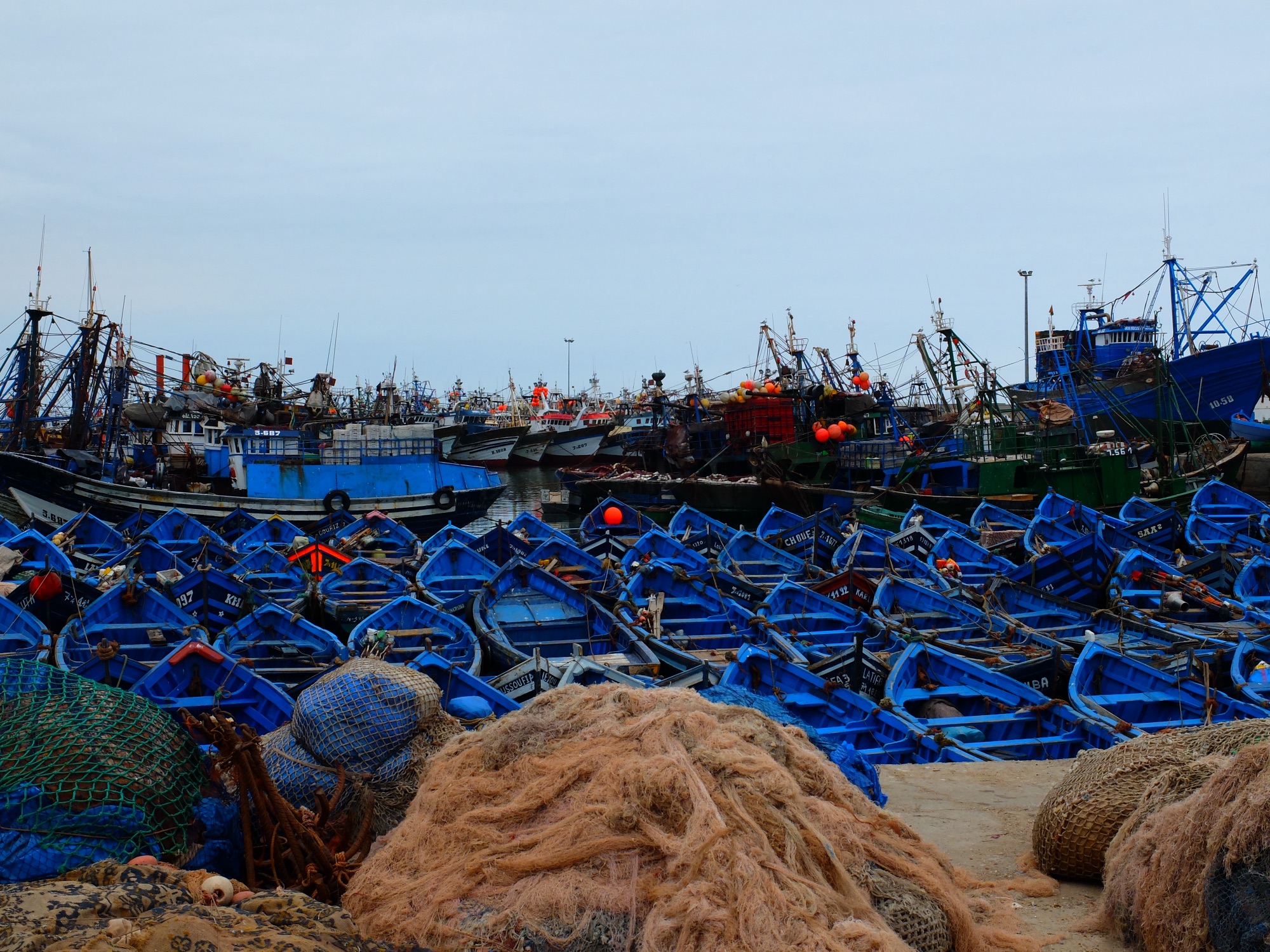 Dozens of small blue wooden fishing boats packed together in Essaouira harbour, orange and pink nets piled in the foreground and larger blue trawlers with masts behind under an overcast sky