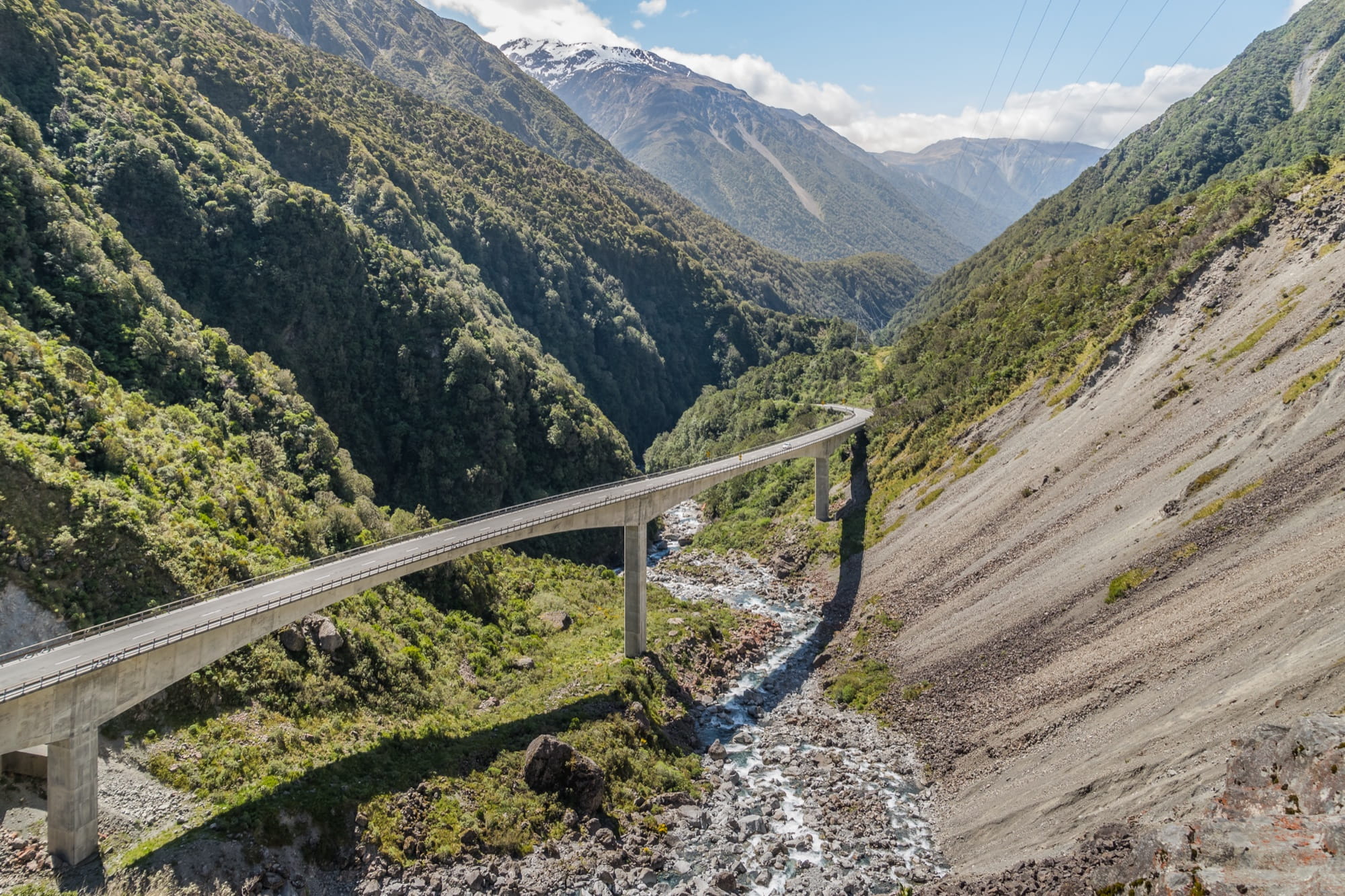The Otira Viaduct on State Highway 73 curving above a braided river between steep bush-covered slopes near Arthur's Pass