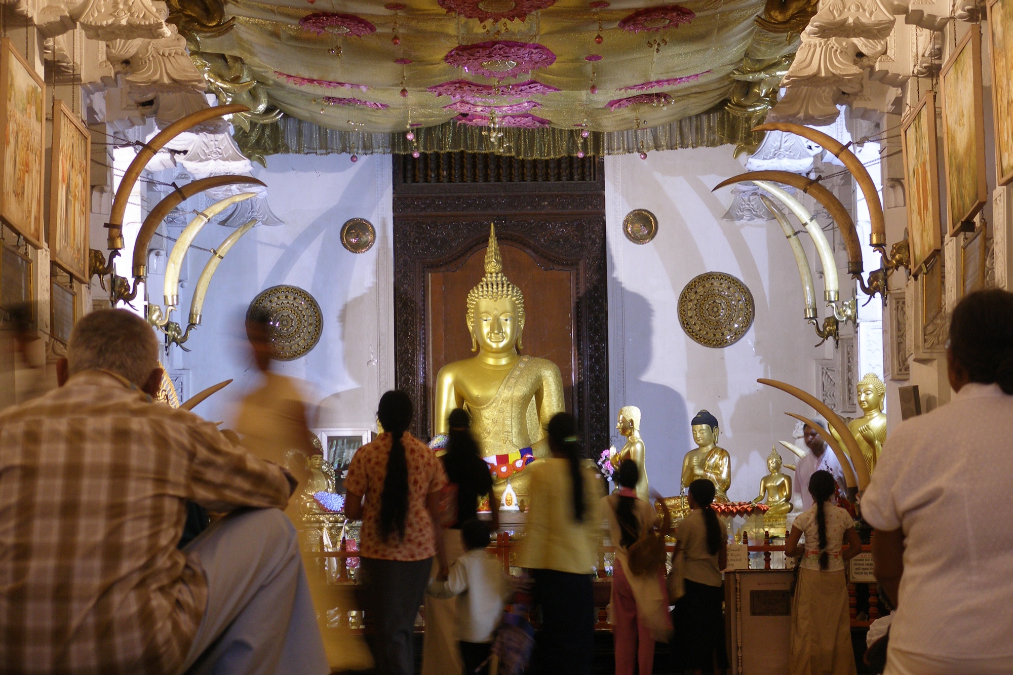 Inside the Temple of the Sacred Tooth Relic in Kandy: devotees in front of a golden seated Buddha framed by elephant tusks and a pink and gold canopy